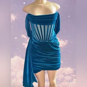 NWT Miss Circle blue drapping off shoulder corset dress velvet
